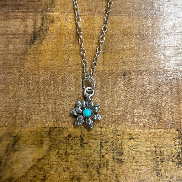 Turquoise and Sterling Silver Flower Pendant Necklace