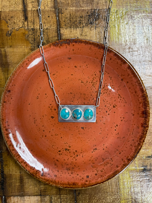 3 Stone Turquoise Necklace on Sterling Rectangle